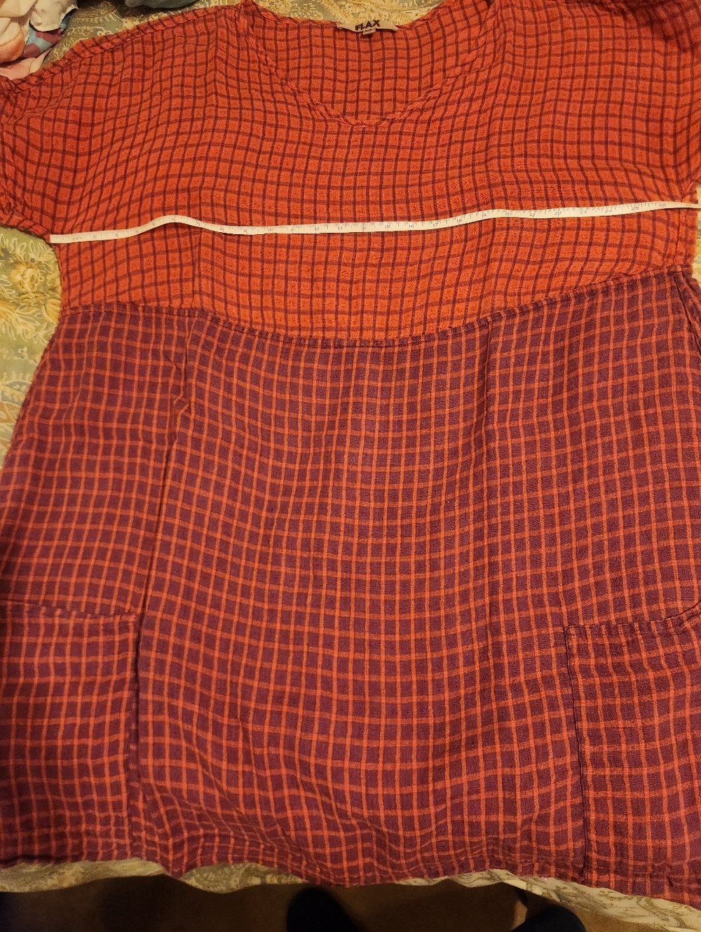 Flax Two-Tone Orange and Purple Checked Pockets Linen Midi Dress Sz. 2G B:54" - Picture 3 of 14